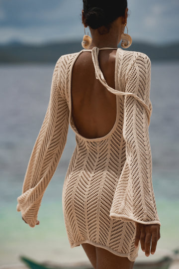Beige Cecile Chevron Knit Mini Dress