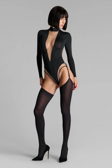 Long Sleeve V-Neck Thong Bodysuit with Garter